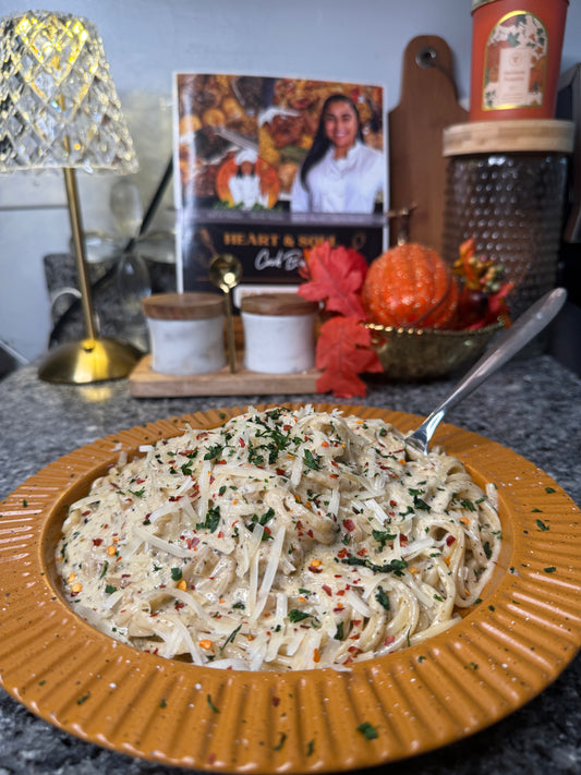 One pan : White wine and garlic cream linguine